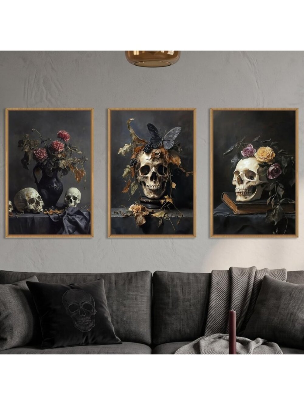 Large Vintage Skull Floral Canvas Wall Art Set - Abstract Skeleton Decor for